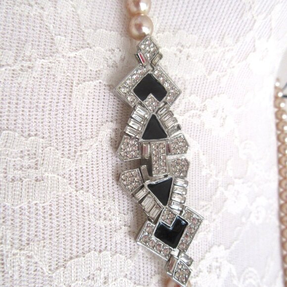 Vintage Art Deco Revival faux champagne pearl & rhinestone necklace & earrings - Picture 9 of 14